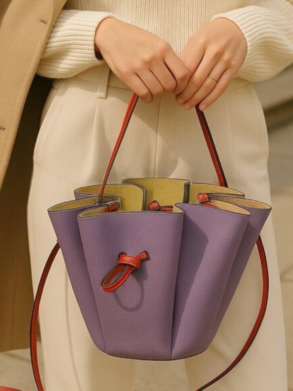 LANVIN Purple Leather Tulip Expandable Bucket Bag Floral Drawstring Rare Couture